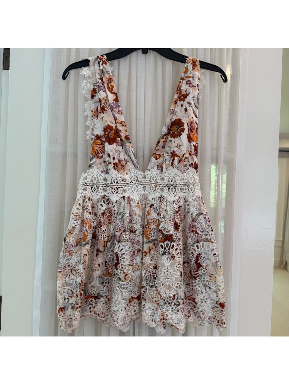 Zimmermann White Floral Lace-Trim Camisole with Rust and Purple Accents